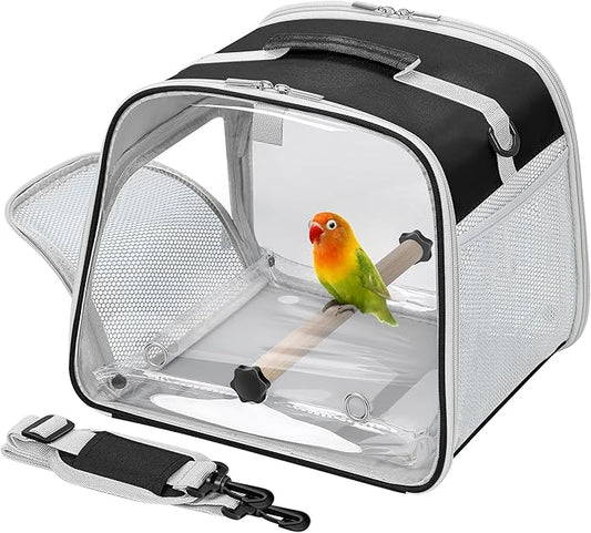 Small Bird Carrier, Large Window Travel Cage with Stand and Easy Clean Tray for Parrot Parakeet Cockatiels, Lightweight and Portable, Black