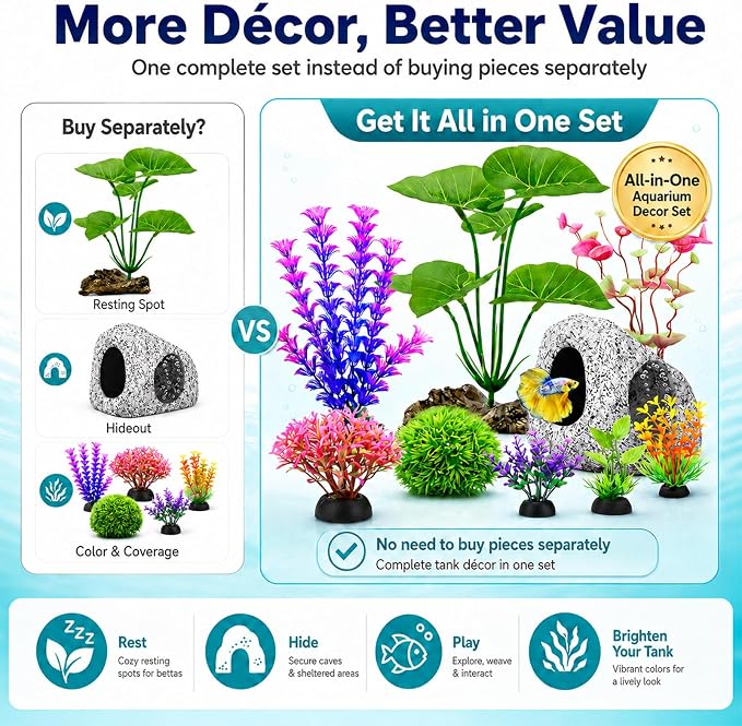 9 Fish Tank Decorations Set Aquarium Decor, Rock Cave Hideout, Artificial Aquarium Plants Plastic Betta Leaf Hammock Goldfish Betta Fish Tank Accessories Small Large Fish Bowl Ornaments