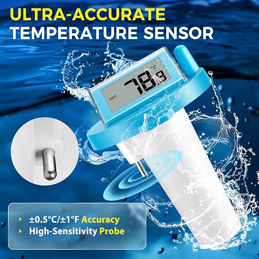 Solar Wireless Floating Pool Thermometer - Upgraded IPX8 Waterproof Easy Read Digital Thermometer with Time, Indoor Temperature & Humidity Monitor for Swimming Pools, Spas, Hot Tubs (Blue 2-piece set)
