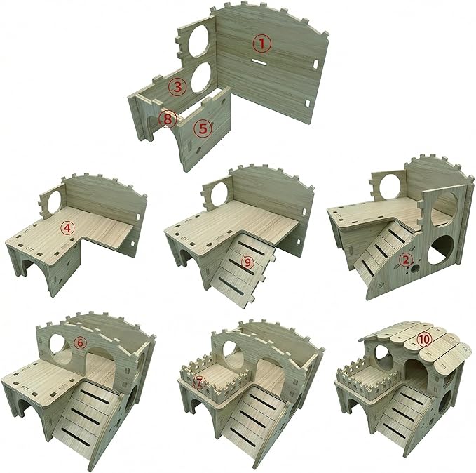 Multi-Chamber Hamster Hideout & House, Natural Wood Small Animal Cage Accessories for Dwarf Hamsters, Gerbils and Mice – Ventilated Design with Structure (Model 2)