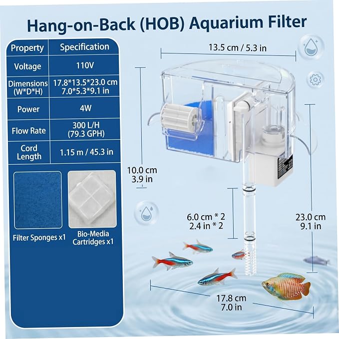 Hang On Back Aquarium Filter, 3-in-1, Fits 5.35-7.01in Bowls | 3-in-1 Filtration System, Boosts Water Oxygen, Perfect for Small Round Bowls