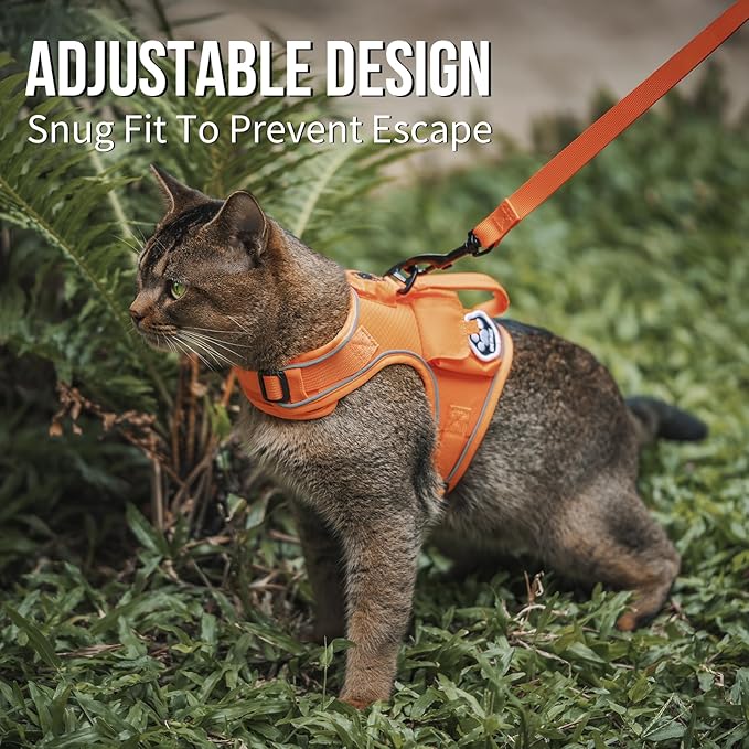 OneTigris Cat Harness and Leash - Escape Proof Soft Adjustable Cat Harness, Breathable, Comfortable, Durable Water-Resistant Tactical Vest with Reflective Strips and Pocket for Cat Tracker