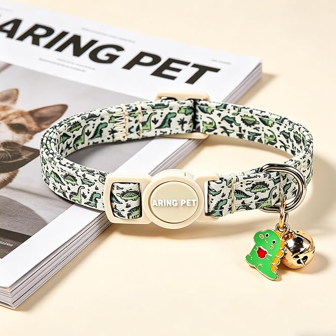 ARING PET 2 Pack Cat Collars with Bell, Cute Soft Cotton Kitten Kitty Breakaway Summer Cat Collars for Boy Girl Cats-Dinosaur & Green Soccer
