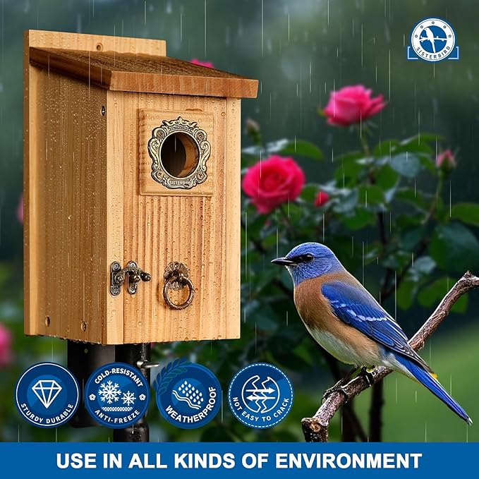 SISTERBIRD Premium Pack of 2 Bluebird Houses for Outside, Garden Bird Houses for Outdoor, Vintage Metal Predator Guard, Birdhouse Gift, Weatherproof Coating Bird Nesting, Assembly Required