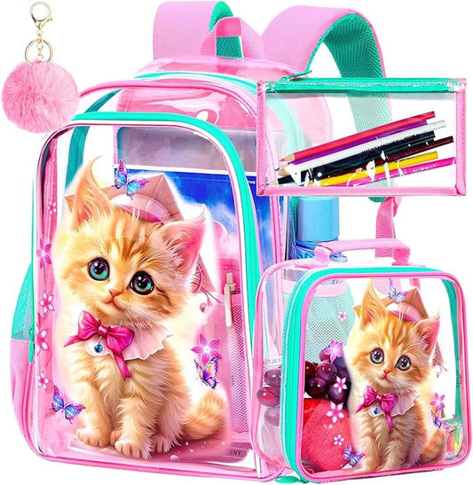 AGSDON 3PCS Clear Backpack for Girls,16" Transparent Bookbag Heavy Duty, Cute See Through Backpacks with Lunch Bag - Pink Cat