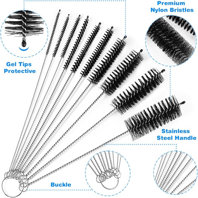 Ixiaoyoo 11 Pcs Cleaning Brushes Set, 8 Inch + 60 Inch Cleaner Brushes | Black Nylon Brushes Kit for Bottles, Tumbler, Sippy Cups, Pet Waterers, Drinking Straws, Pipes, Sink Drain, Fish Tank, Hose