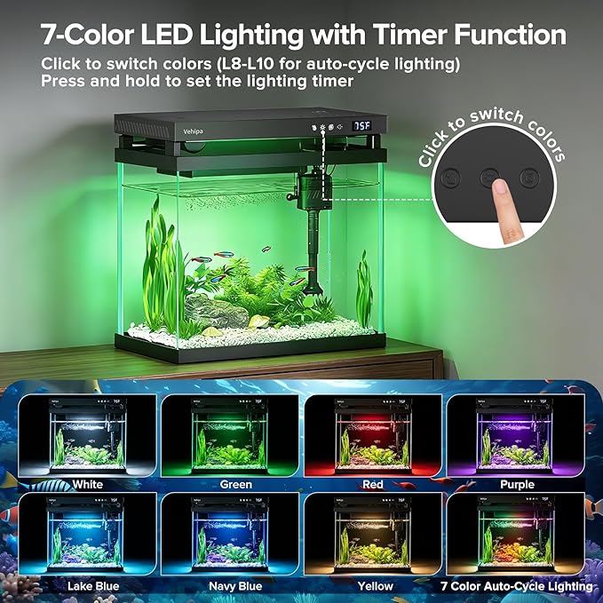 Vehipa Fish Tank, 2.2 Gallon Smart Aquarium, Small Fish Aquarium Kits with Smart Humidifier, Auto Feeder, Silent Water Pump, Temperature Display & 7-Color Lighting, for Office & Home - Black