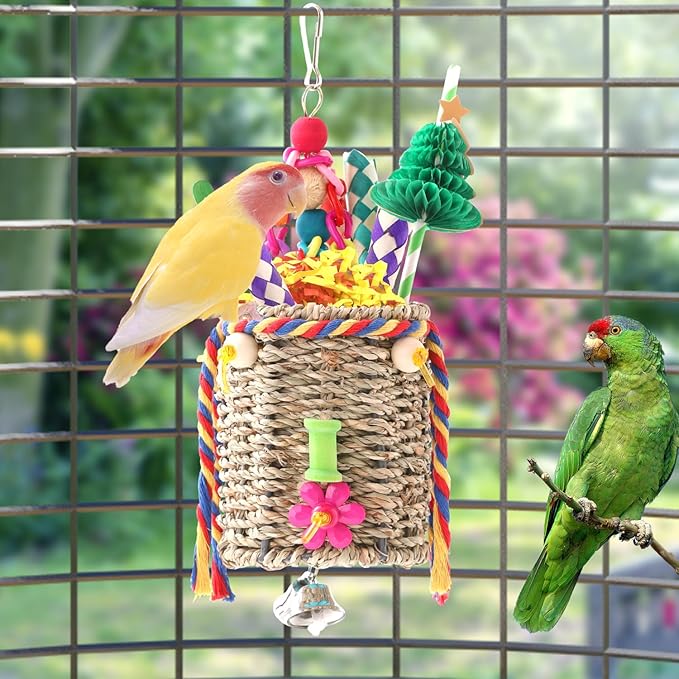 RLRICH Bird Toys Parrot Foraging Toys, Seagrass Basket Bird Chewing Toys with Colorful Tearing Paper Bamboo Fingers Natural Nut Wooden Blocks for Small Medium Parrot Bird