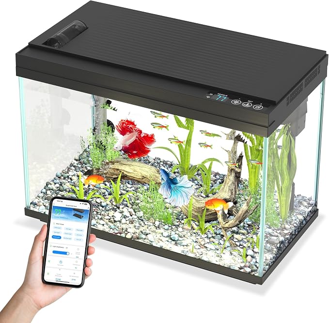 Smart Fish Tank Starter Kit with Smart Temperature Display & Wireless Control, 5.8 Gallon Fish Tank Self Cleaning, 3-in-1 Quiet Filter Pump, 7-Color LED, Heater, Feeder for Beginner Aquarium