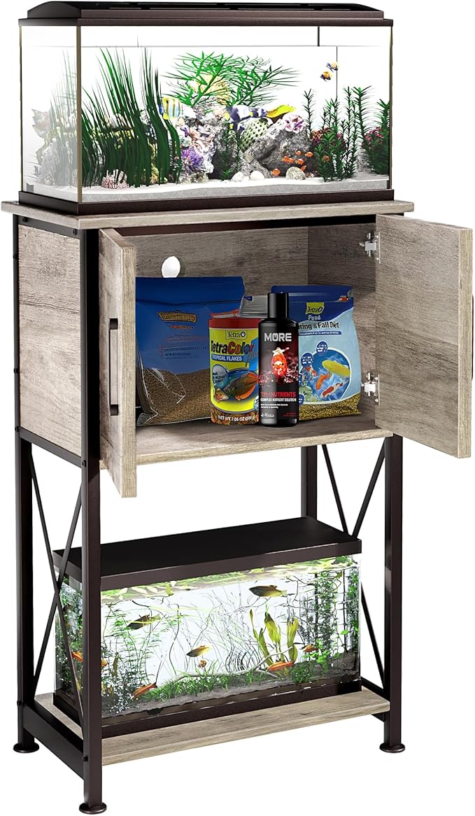 Herture 5-10 Gallon Fish Tank Stand, Metal Double Aquarium Stand with Cabinet for Fish Tank Accessories Storage, Heavy Duty 20.5" L* 11.02" W Tabletop, 500LBS Capacity Grey PG06YGZ