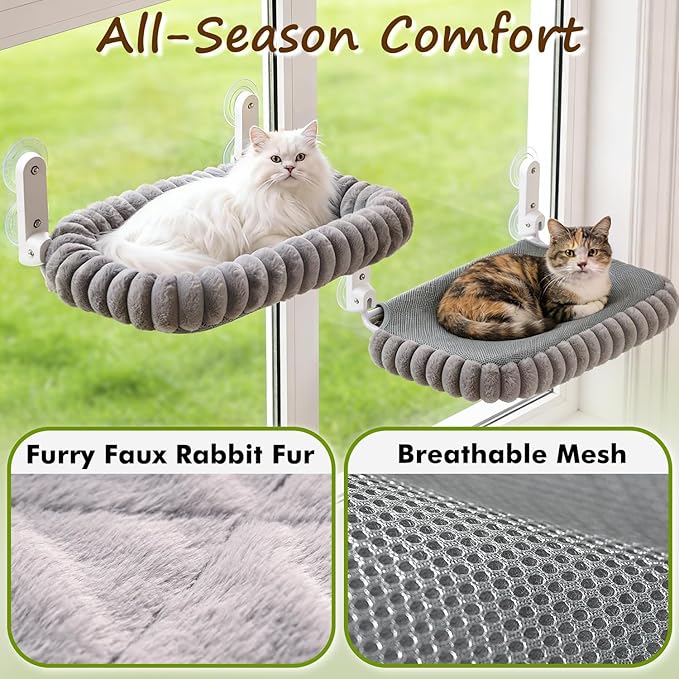 Zoratoo 2PC Cat Window Perch with Bolster Foldable Cat Hammock Cushion Bed for Window with Metal Frame, Cloud-Cuddle Cordless Window Resting Seat for Indoor Cats (Cushion Bed, Gray-M)