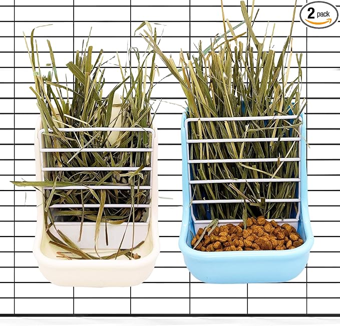 2PCS Rabbit Hay Feeders Rack 2 in 1 Guinea Pig Food Feeder Indoor Feeder for Rabbit Bunny Chinchilla Hamster (Blue+White)