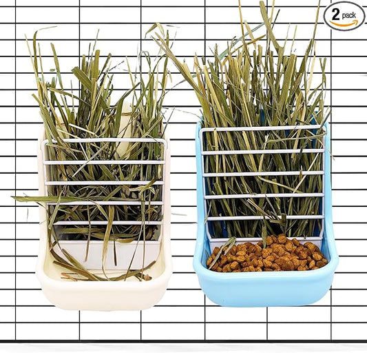 2PCS Rabbit Hay Feeders Rack 2 in 1 Guinea Pig Food Feeder Indoor Feeder for Rabbit Bunny Chinchilla Hamster (Blue+White)