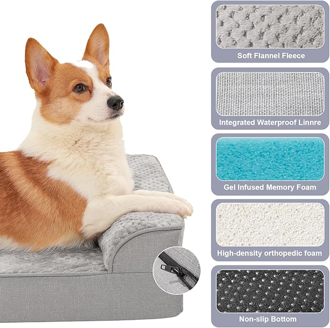 Rainmr Orthopedic Dog Beds for Large Dogs, Memory Foam Dog Beds Large Sized Dogs, Washable Removable Cover, Nonskid Bottom, Waterproof, for Indoor, Outdoor, Crate ＆ Car Use, 36x27x6 Inches, Light Grey