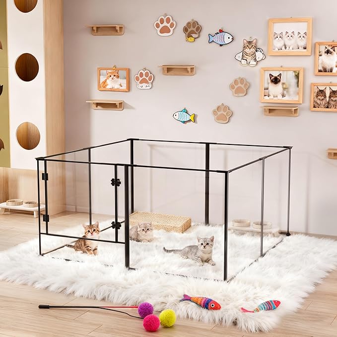 Acrylic Dog playpen Indoor: Clear Puppy Pen for Small Medium Dogs Cats with Metal Frame - 8panels 30inch Tall Transparent pet Fence with Door for Rabbits Guinea Pig