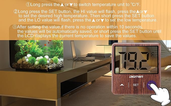 Digital Aquarium Thermometer, Fish Tank Thermometer with Large LCD Display, No Wires, Accurate Reading, Walnut Aquarium Thermometer