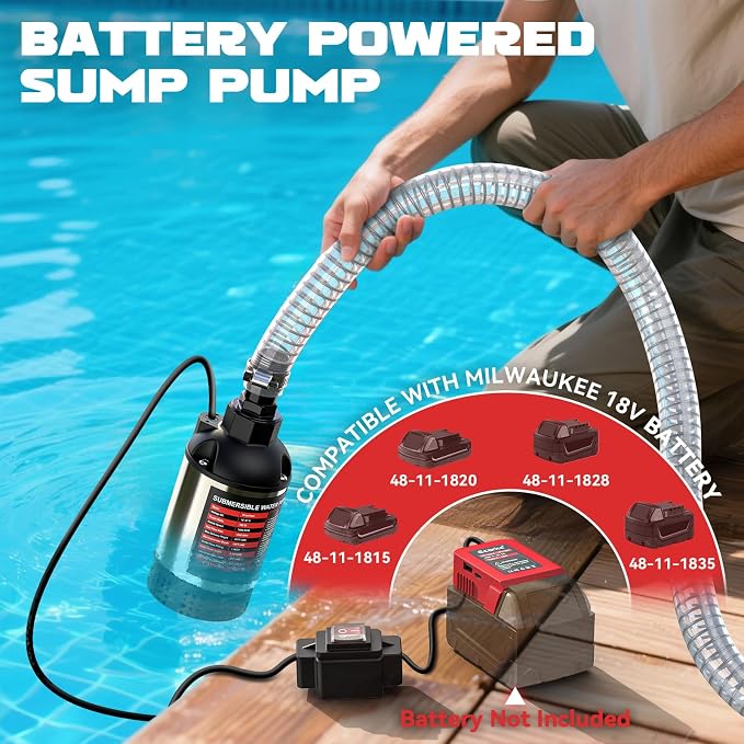 Ecarke Cordless Submersible Water Pump Compatible with Milwaukee 18V Battery, 1268GPH Brushless Electric Sump Pump Portable Transfer Pump for Pool Pond Basement with 6.5ft Drainage Hose (Tool Only)