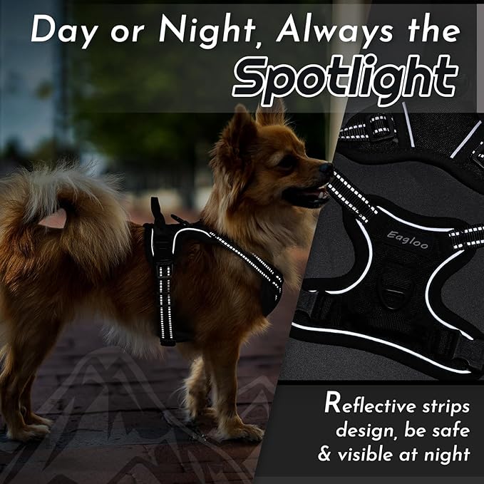 Eagloo Small Dog Harness No Pull, Service Vest with Reflective Strips and Control Handle, Adjustable and Comfortable for Walking, No Choke Pet Harness with 2 Metal Rings, Black, XS