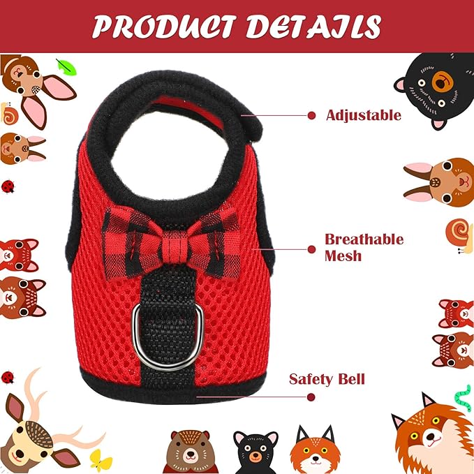 SATINIOR 2 Pieces Guinea Pig Bunny Harness Soft Mesh Hamster Rat Leash with Safe Bell, Ferret Pig Clothes and Leash Set for Hamster Ferrets Rats Bunny Guinea Chinchilla Teacup Chihuahua(S,Black, Red)