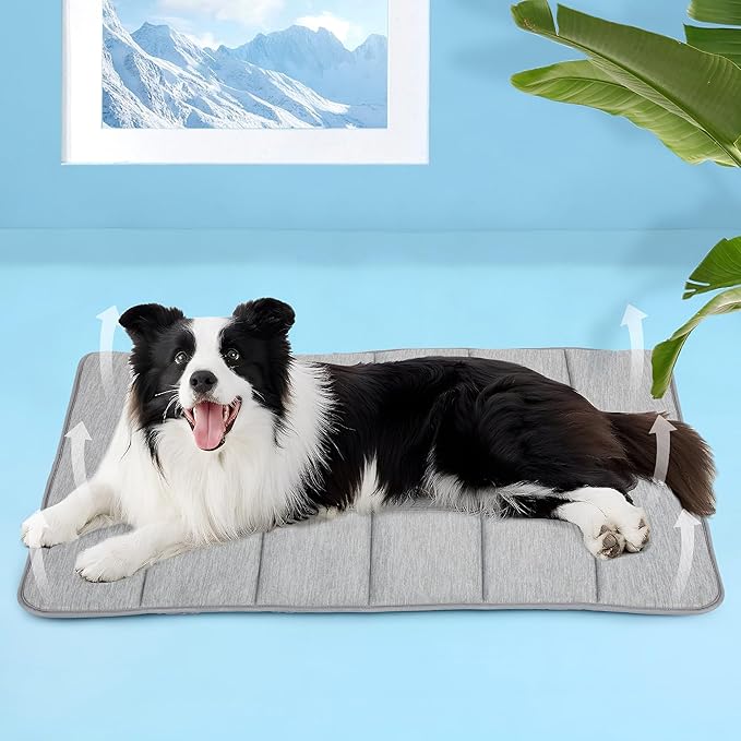 Cooling Dog Mat Q-Max>0.5 - Rapid Cooling Tech, Thin Breathable Crate Pad, Portable Washable Summer Mat, Chill Soothing Fabric - 35"x23" Large Dog, Grey