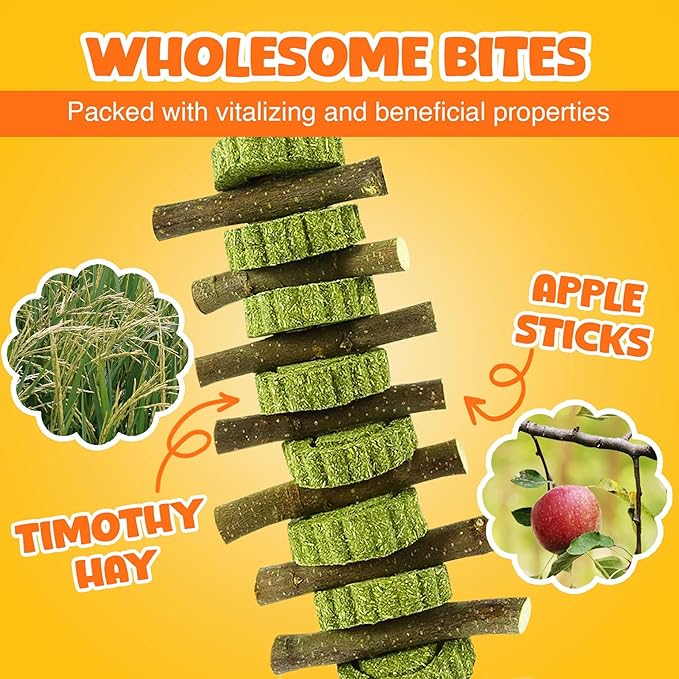 Vila Rabbit Chew Stick, Hanging Treat, Apple Chew Sticks with Round Grass Cakes, Oral Care and Gums, Suitable for Rabbits, Chinchillas, Guinea Pigs and Parrots, 1-Piece