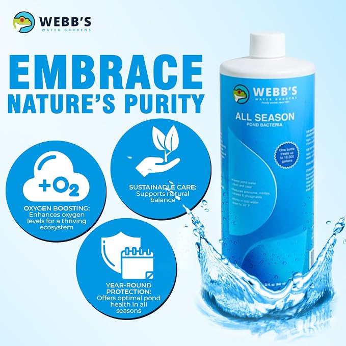 Webb's Water Garden All Season Beneficial Bacteria for Ponds, Enhances Water Clarity and Reduces Odors, Safe for Fish and Plants - 32 Fluid Oz