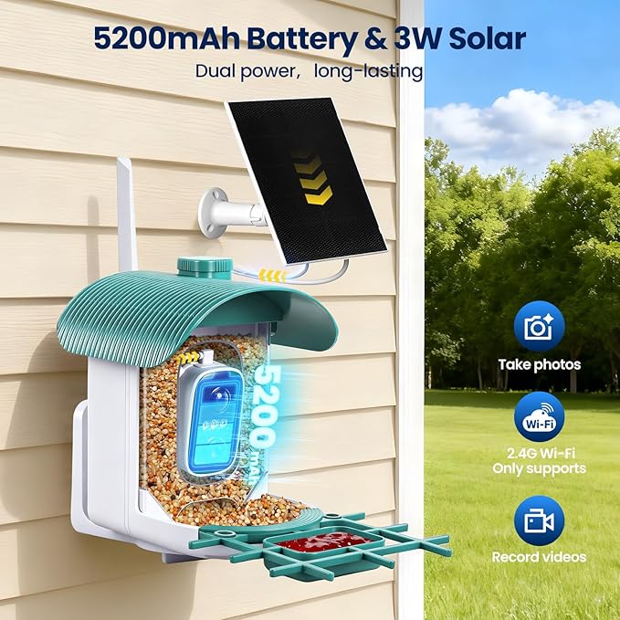 Smart Bird Feeder with Camera : 2K HD Video Live Stream, AI Birds Species Identification ＆ Instant Arrival Alerts, Solar Bird Feeder Camera for Outdoor Backyard, Ideal Gifts for Families nature lovers