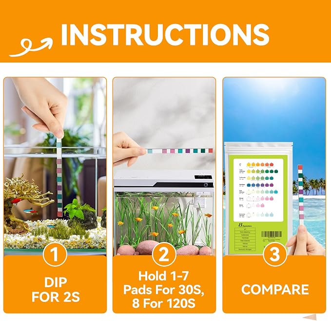 8-Way Aquarium Test Strips with Ammonia 75 Strips | Test Ammonia,pH, Total Alkalinity, Carbonate, Hardness, Free Chlorine, Nitrate and Nitrite for Fish Tanks & Ponds