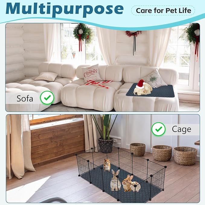 Reusable Guinea Pig Cage Liners, 47" x 24" (Pack of 2) Washable Pee Pads , Super Absorbent & Waterproof & Anti-Slip Pet Bedding Liner for Dogs, Bunny, Small Animals (Gray)