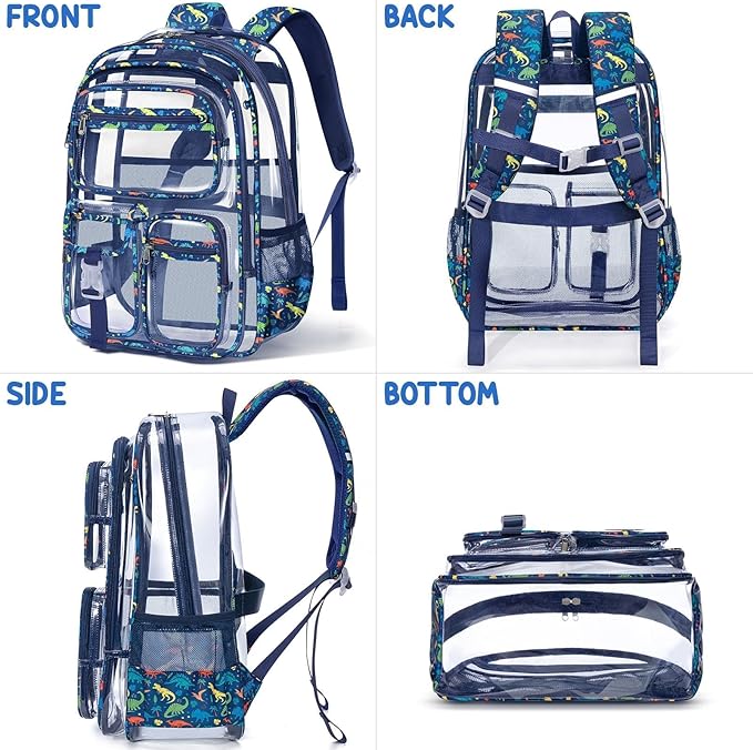 Fimibuke Clear Backpack for Boys, 3PCS Heavy Duty PVC Transparent Boys Backpack with Lunch Box & Pencil Case, School Stadium Event Approved Toddler School Bookbag for Preschool Kindergarten Elementary