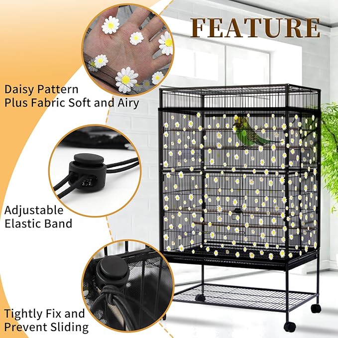 Daoeny 2PCS Bird Cage Seed Catcher, Large Bird Cage Cover, Adjustable Soft Airy Nylon Mesh, Birdcage Cover Skirt Seed Guard for Parrot Parakeet Macaw Round Square Cages (Black & White Daisy)