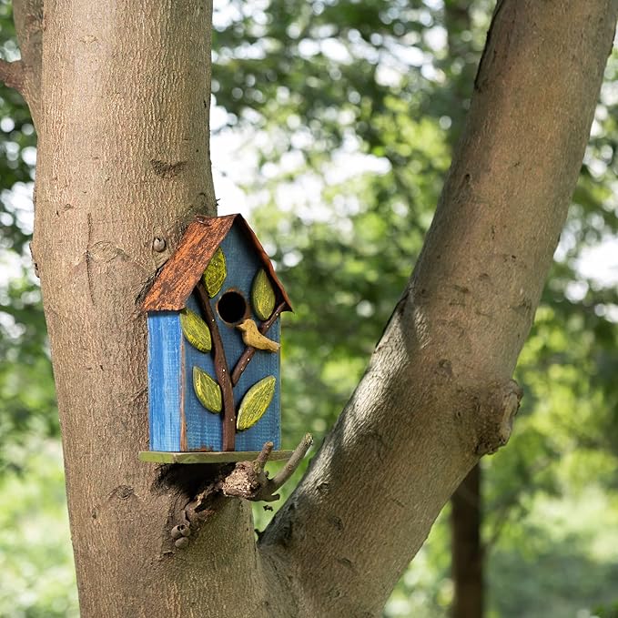Glitzhome Bird Houses for Outside, 9.7" H Hanging Bird House for Outdoor, Patio Garden Decorative Pet Cottage Distressed Wooden Birdhouse for Bluebird Hummingbird Wren Finch Cardinals, Blue Leaves