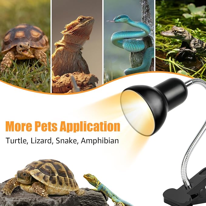 Reptile Heat Lamp UVA/UVB Light with Stepless Dimming, 360 Rotatable Gooseneck Clip-On Heating Lamp for Turtle Tank Bearded Dragon Snake Lizard Tortoise Hermit Crab Includes 25W and 50W Bulbs (Large)