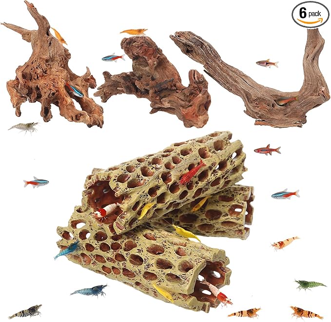 Layhit 6 Pcs Aquarium Driftwood and Cholla Wood, Fish Shrimp Tank Decor | 4-9" Natural Driftwood for Aquarium Decor, 2" x 5.7" Shrimp Hides Resin Cholla Wood, Reptile Hermit Crab Tank Accessories
