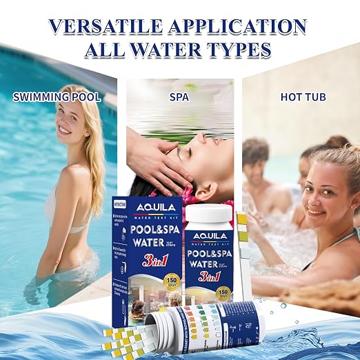 A QUILA Pool Water Test Strips Kit, 3 Way 150CT Spa Test Strips for Hot Tub | Swimming pool chemical test kit for above-ground underground pool water testing pH, Alkalinity, Chlorine