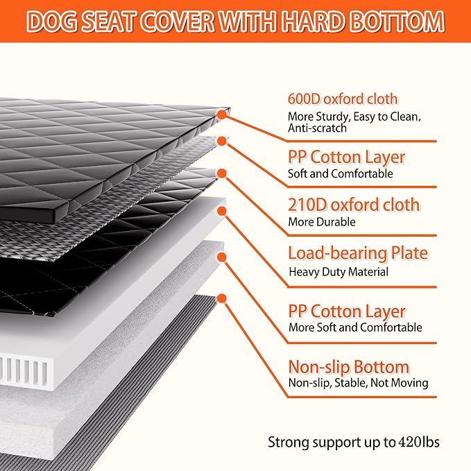 Chilino Back Seat Extender for Dogs - Large Space, Waterproof Dog Car Seat Cover for Back Seat with Hard Bottom Holds 420lbs, 600D Heavy-Duty Upgraded Material Dog Hammock for Car（Black