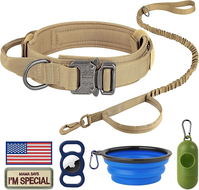 HYDEME Tactical Dog Collar Adjustable Nylon Collar with Control Handle and Heavy Metal Buckle for Medium and Large Dogs, with Patches&Airtags Case&Poop Bag Dispenser&Portable Bowl. (XL, Brown-Set)
