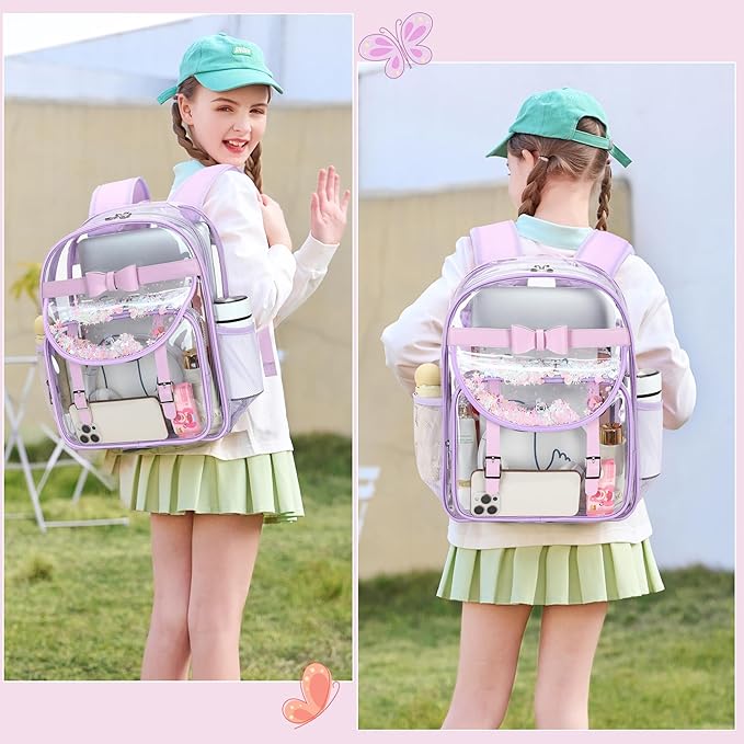 Clear Backpack for School,Heavy Duty PVC Transparent Bookbag for Girls Women Stadium Approved See Through Backpacks Kids Elementary Laptop Bags for Teens,Sports,Students,Work,Travel Purple