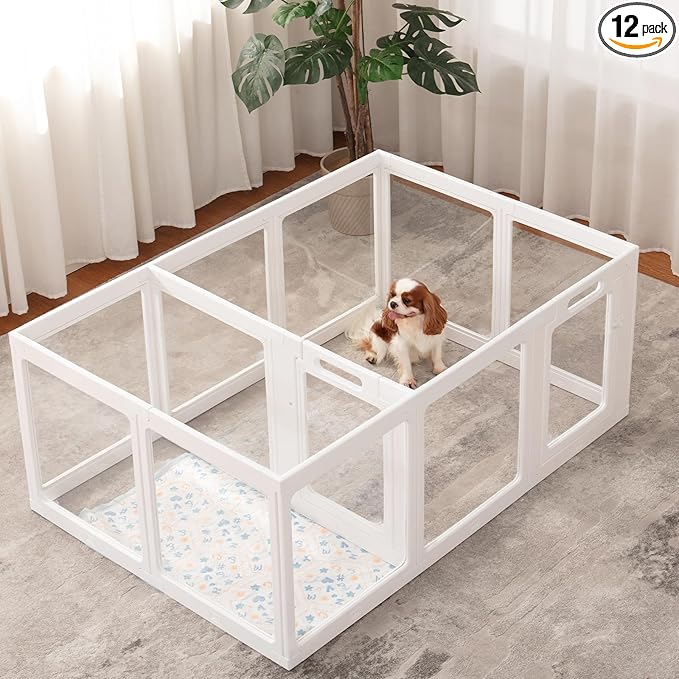 Clear Acrylic Dog Playpen Indoor, Puppy Cat Small Pet Play Pen, Pet Cat Playpen for Rabbits, Dog Fence Crate Kennel Whelping Cage (White, 12 Panel)
