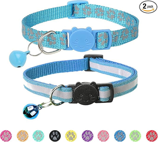 BANMODER 2 Pack Reflective Cat Collar Breakaway with Bell,Personalized Kitten Collars,Adjustable Safety Buckle Collar for Male Cats Girls & Boys (Sky Blue)