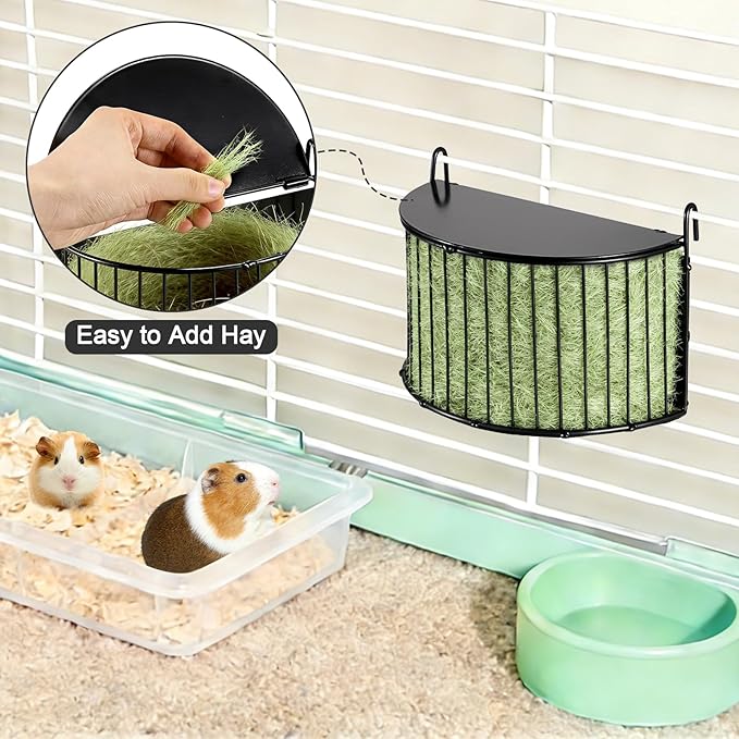 Upgraded Hay Rack for Rabbits, Bunny Feeder for Guinea Pigs Chinchillas, Black, Hanging Hay Feeder with Lid, Bunny Feeding Holder, Metal, Semicircular, Chinchilla Cage Accessories