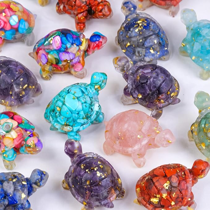 8PCS Crystal Turtle Figurine Set for Teens- Handmade Sea Turtle Resin Decor for Home, Office & Fish Tank, Healing Crystal Animal Statues for Desk, Shelf or Meditation Space Gift