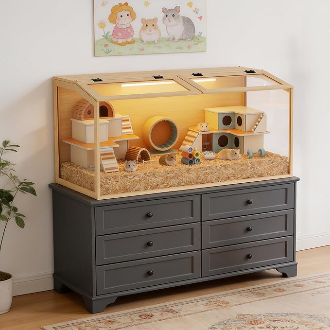 Hamster Cage: Wooden Small Animal Cage with Warm Light - 40Inch Extra Large Clear Hamster House Chewy Proof with Two Openable Breathable Top