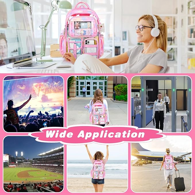 PAMANO Clear Backpack for Girls, Heavy Duty Transparent Bookbag for Kids, See Through Cute Backpacks for Elementary Primary School Work Sport Travel - Pink