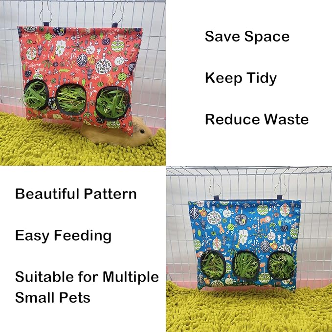 Rabbit Hay Feeder Bag, Guinea Pig Hay Feeder for Cage Small Animal Hanging Feeding Bags Rabbit Hay Dispenser Storage for Rabbits Guinea Pigs Bunnies Chinchillas (Red,Dark Blue, 3 Hole)