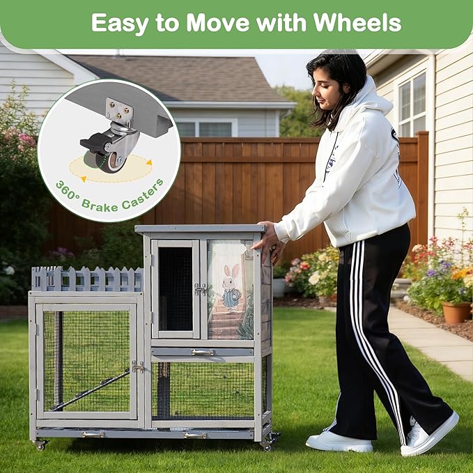 Wood Rabbit Hutch with Balcony - Small Animal House Bunny Cage on Wheels for Indoor Outdoor, Rabbit Cage Included Ramp, Pull Out Tray, (Grey with Pattern)