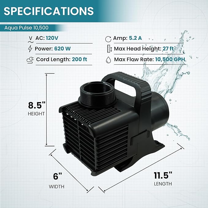 HALF OFF PONDS Submersible Water Pump, 10,500 GPH Pond Pump with 200FT Power Cord and 27 FT Max Head, 620W Ultra Quiet Energy Efficient Pump for Koi Pond, Fountain, Waterfall, Water Garden, Skimmer