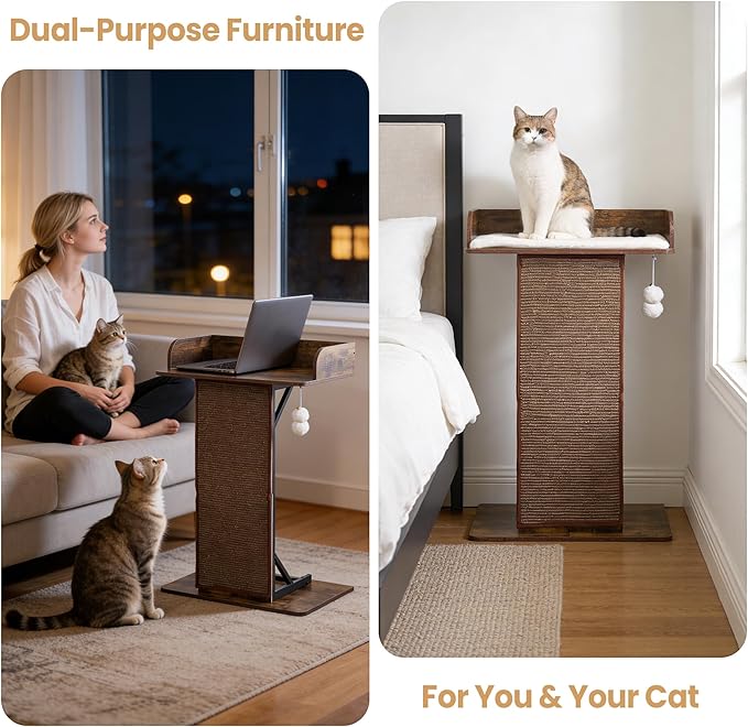 Modern Wood Cat Tree Tower for Indoor Large Cats, 33.8-Inch Tall Wooden Cat Trees with Big Perch Bed, Cat Scratching Pads, Washable Cushions and Scratching Mat, Cat Furniture, Rustic Brown