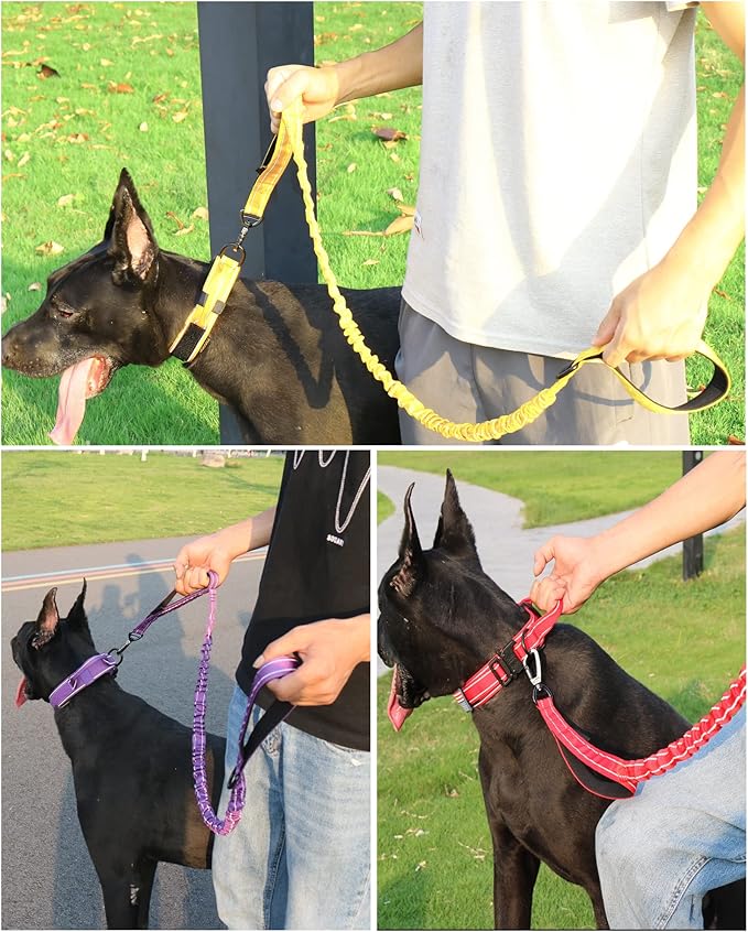 AUBELL Tactical Dog Collar and Leash Set, Reflective Adjustable Heavy Duty Military K9 Collars with Handle and Metal Buckle for Large Dogs, with Airtag Case and 2 Patches(Yellow,L)