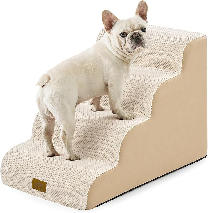 COZY KISS Dog Stairs for Small Dogs 19.7" H, Curved Dog Step for Puppy, Older or Cat, Medium Pet Ramp for Sofa, Couch or Bed, Ladder with High Density Foam, 4 Step, 15.7x28.3x19.7 inch, Beige